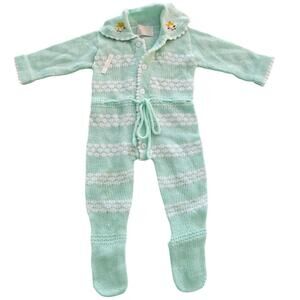 Vintage 1960s baby Sz 6M Knit Coveralls Mint Green One Piece Hand Embroidered